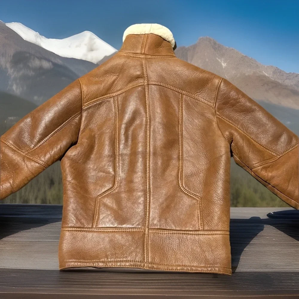 Shearling Lambskin B-3 Bomber Jacket Mens Size M Aviator Coat Brown Handmade NEW - Picture 9 of 16